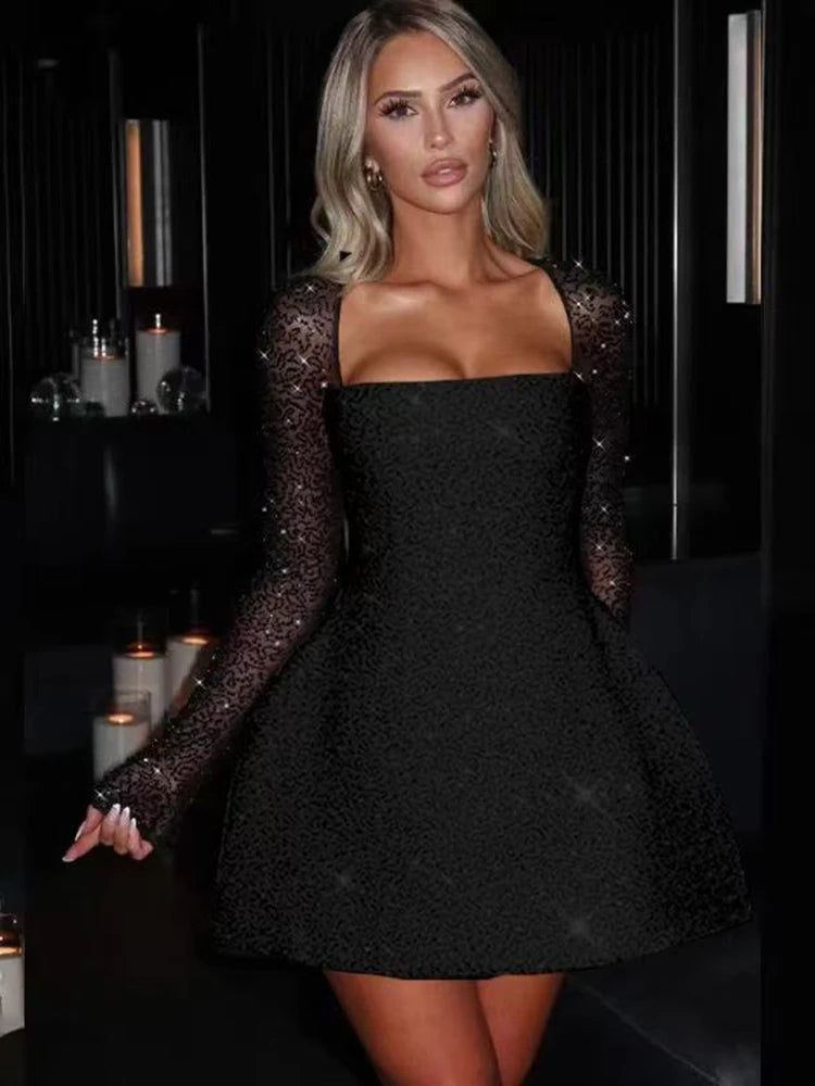 Mini-galajurk voor dames - Bodycon met pailletten - Vierkante hals - Lange mouwen - Feestkleding 1