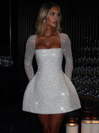 Mini-galajurk voor dames - Bodycon met pailletten - Vierkante hals - Lange mouwen - Feestkleding 2