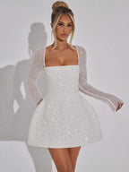 Mini-galajurk voor dames - Bodycon met pailletten - Vierkante hals - Lange mouwen - Feestkleding 3