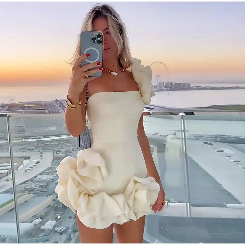 Mini-jurk voor dames - Strapless getailleerd ontwerp - Volant op de schouders en zoom - Feestjurk 0