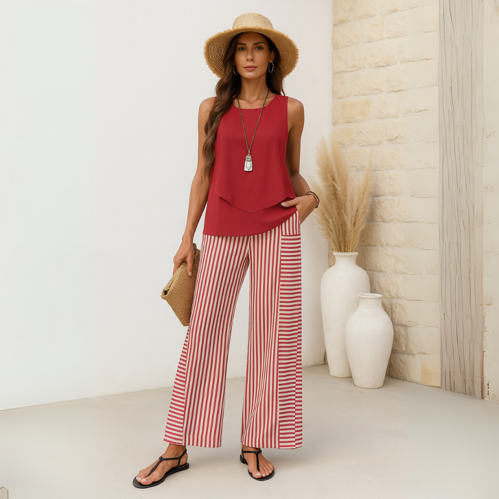 Mouwloze tweedelig set voor dames met gelaagde top en wijde broek 2