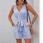 Dames Mouwloze Romper met V-Hals en Verticale Strepen in Zachte Stof met Ceintuur Taille voor Casual en Feestelijke Gelegenheden