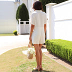 Dames Romper Katoenmix Relaxed Fit Touwsluiting Taille Korte Mouwen Knopsluiting Voor Comfortabele Zomerstijl