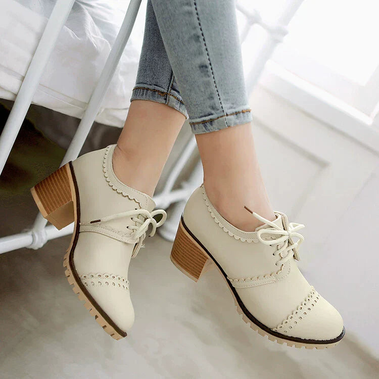 Brogueschoenen Dames Lerenlook Vetersluiting Geperforeerd - Hakken Dames