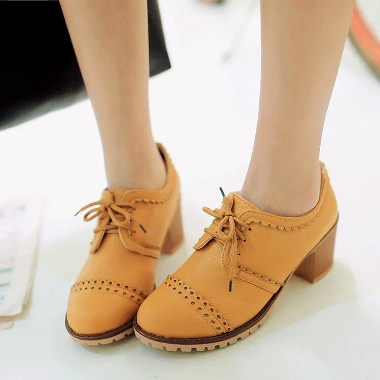 Brogueschoenen Dames Lerenlook Vetersluiting Geperforeerd - Hakken Dames