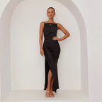 Dames Midi Jurk Satijn Slim Fit Mouwloos Hoge Hals Split