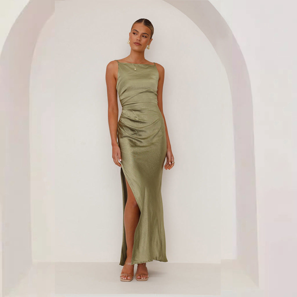 Dames Midi Jurk Satijn Slim Fit Mouwloos Hoge Hals Split