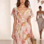 Dames Maxi Jurk Chiffon V Hals Flutter Mouwen Bloemenprint