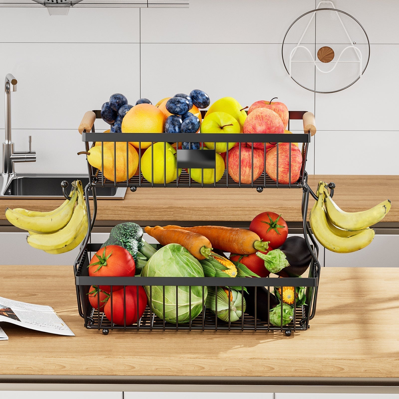 Keuken Organizer 2-Laags van Duurzaam Metaal met Houten Handgrepen – Keukenkast Organizer voor Groenten en Fruit