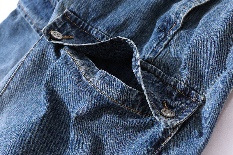 Versleten Denim Draagriemen Multi-Pocket Overalls