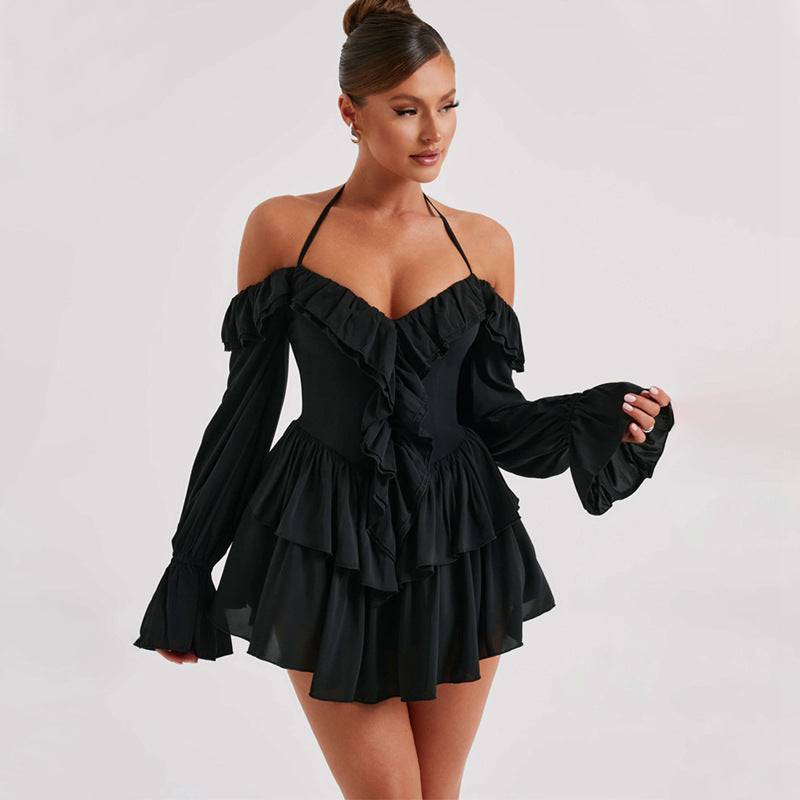 Dames Romper Halter Nek Off Shoulder Lange Mouwen Diepe V Ruffle Voorkant Vloeiende Shorts Chique Playsuit Voor Zomer En Feestjes