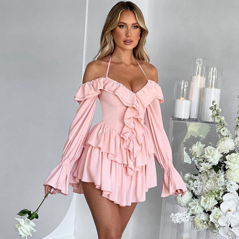 Dames Romper Halter Nek Off Shoulder Lange Mouwen Diepe V Ruffle Voorkant Vloeiende Shorts Chique Playsuit Voor Zomer En Feestjes
