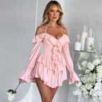 Dames Romper Halter Nek Off Shoulder Lange Mouwen Diepe V Ruffle Voorkant Vloeiende Shorts Chique Playsuit Voor Zomer En Feestjes