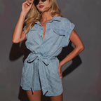 Dames Denim Playsuit Met Loose Fit En Knopsluiting Voor Casual Uitjes Met Tailleband En Korte Mouwen
