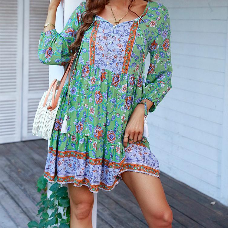 Bohemian Print 3/4 Mouw V-Hals Jurk