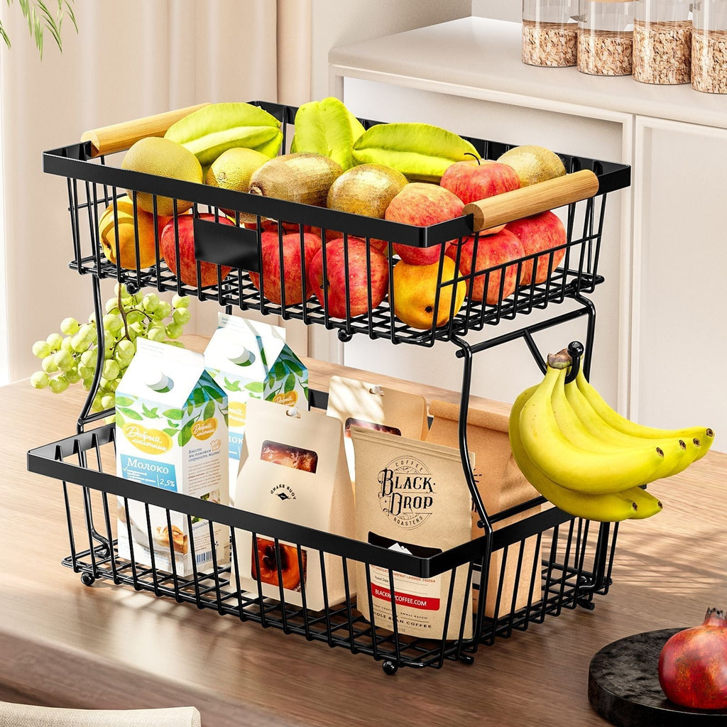 Keuken Organizer 2-Laags van Duurzaam Metaal met Houten Handgrepen – Keukenkast Organizer voor Groenten en Fruit