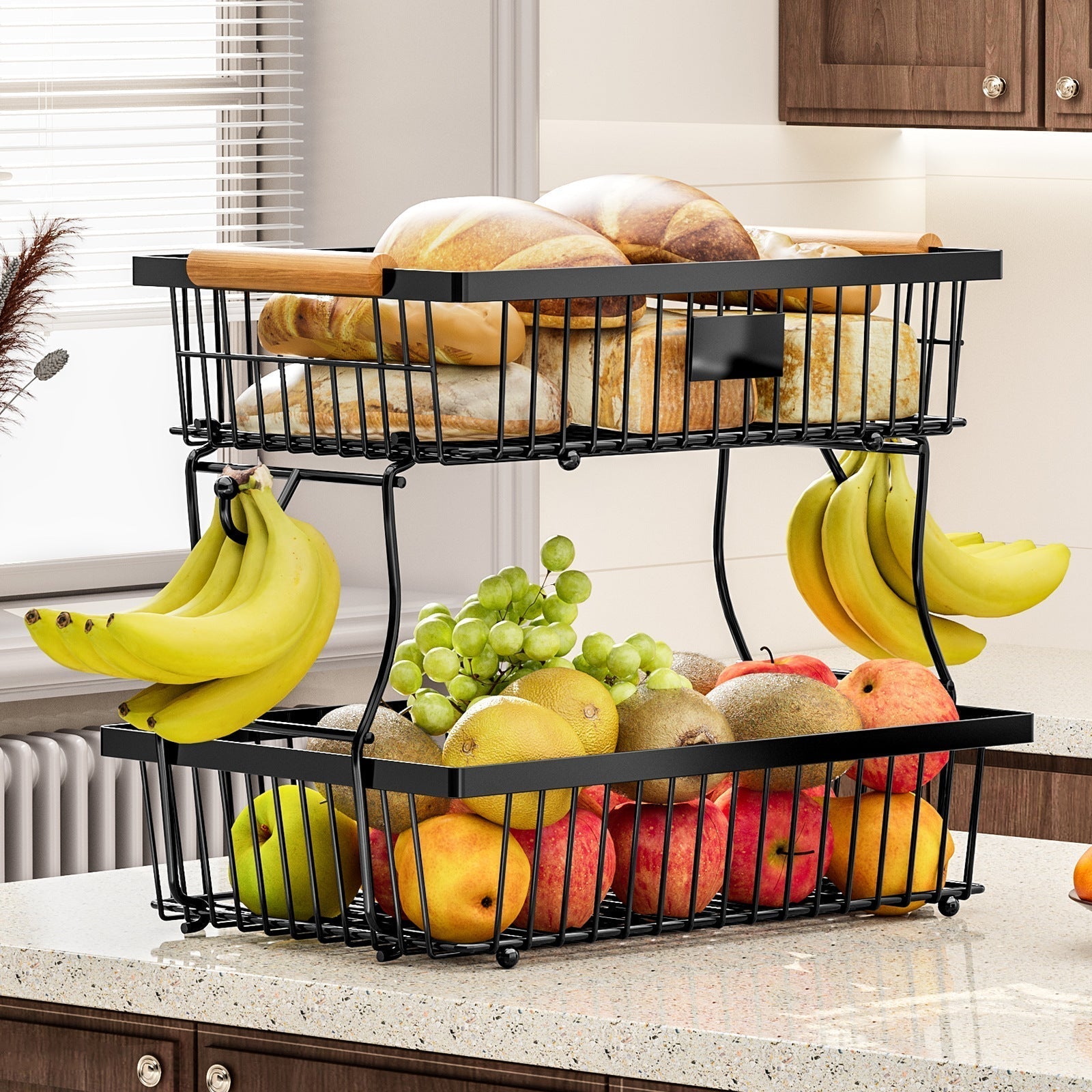 Keuken Organizer 2-Laags van Duurzaam Metaal met Houten Handgrepen – Keukenkast Organizer voor Groenten en Fruit