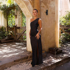 Avondjurk Satijn Slim Fit One Shoulder Maxi Hoge Split