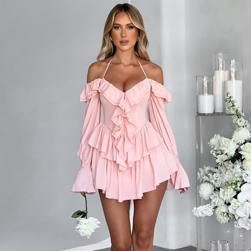 Dames Romper Halter Nek Off Shoulder Lange Mouwen Diepe V Ruffle Voorkant Vloeiende Shorts Chique Playsuit Voor Zomer En Feestjes