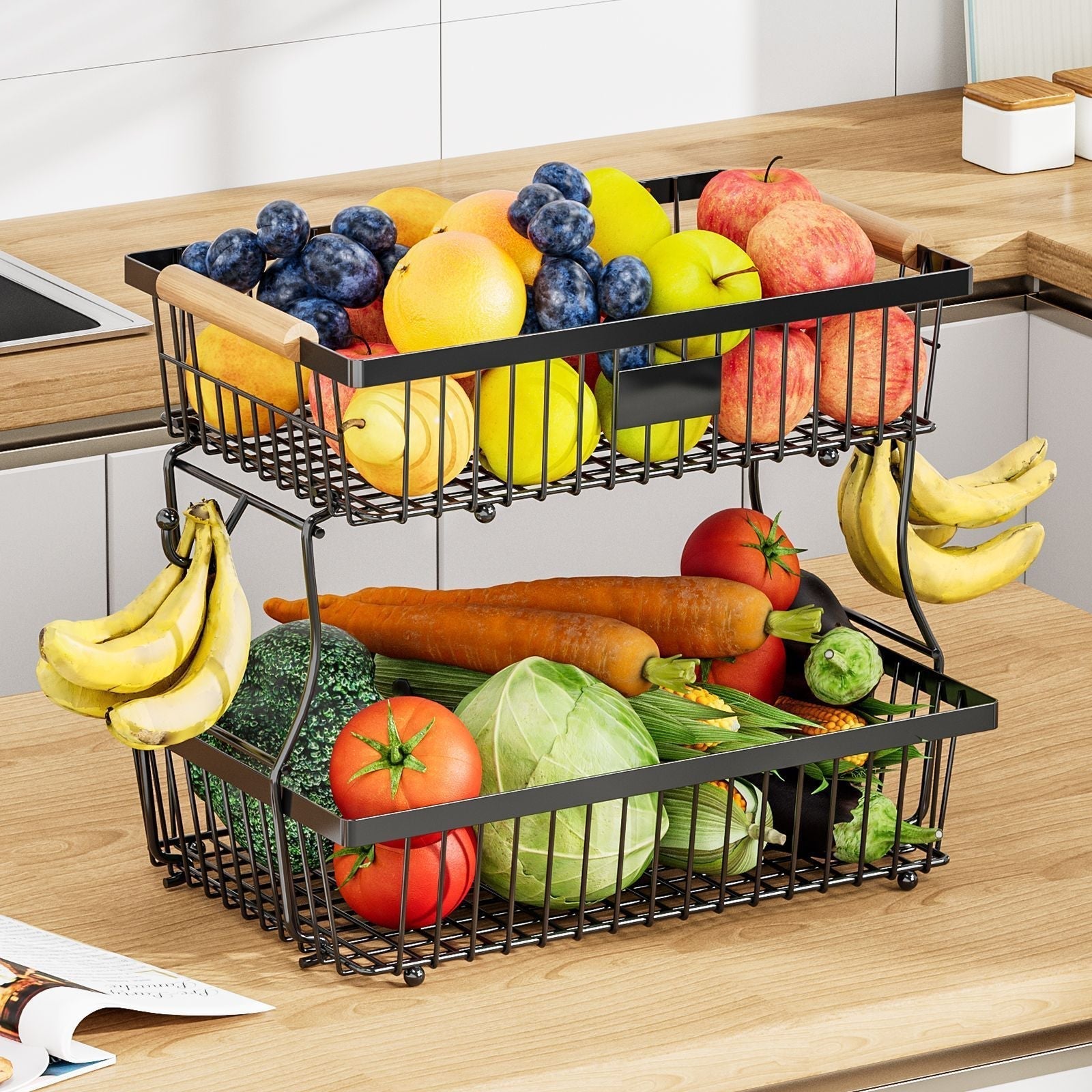 Keuken Organizer 2-Laags van Duurzaam Metaal met Houten Handgrepen – Keukenkast Organizer voor Groenten en Fruit