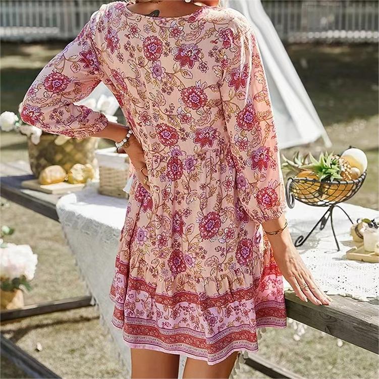 Bohemian Print 3/4 Mouw V-Hals Jurk