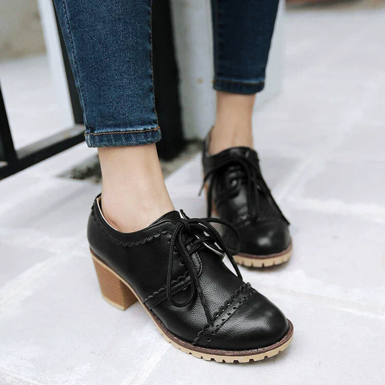 Brogueschoenen Dames Lerenlook Vetersluiting Geperforeerd - Hakken Dames