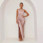 Dames Midi Jurk Satijn Slim Fit Mouwloos Hoge Hals Split