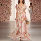Dames Maxi Jurk Chiffon V Hals Flutter Mouwen Bloemenprint