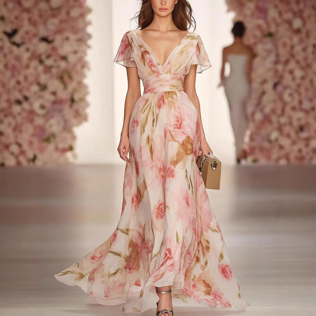 Dames Maxi Jurk Chiffon V Hals Flutter Mouwen Bloemenprint