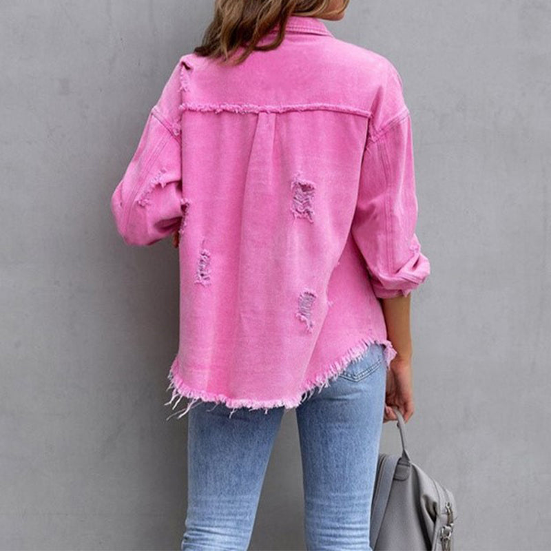 Dames Versleten Denim Spijkerjas - Opvallende en moderne stijl