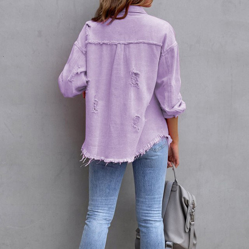Dames Versleten Denim Spijkerjas - Opvallende en moderne stijl