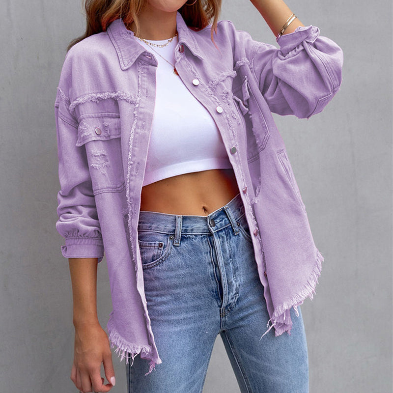 Dames Versleten Denim Spijkerjas - Opvallende en moderne stijl
