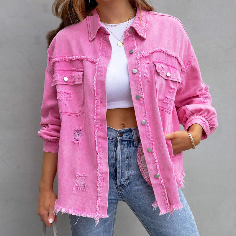 Dames Versleten Denim Spijkerjas - Opvallende en moderne stijl