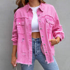 Dames Versleten Denim Spijkerjas - Opvallende en moderne stijl