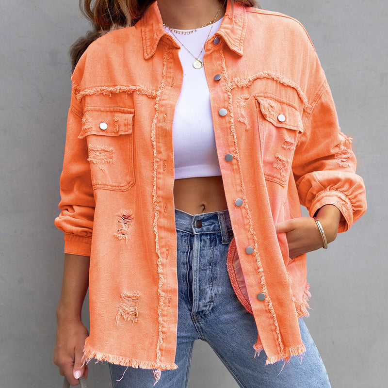 Dames Versleten Denim Spijkerjas - Opvallende en moderne stijl