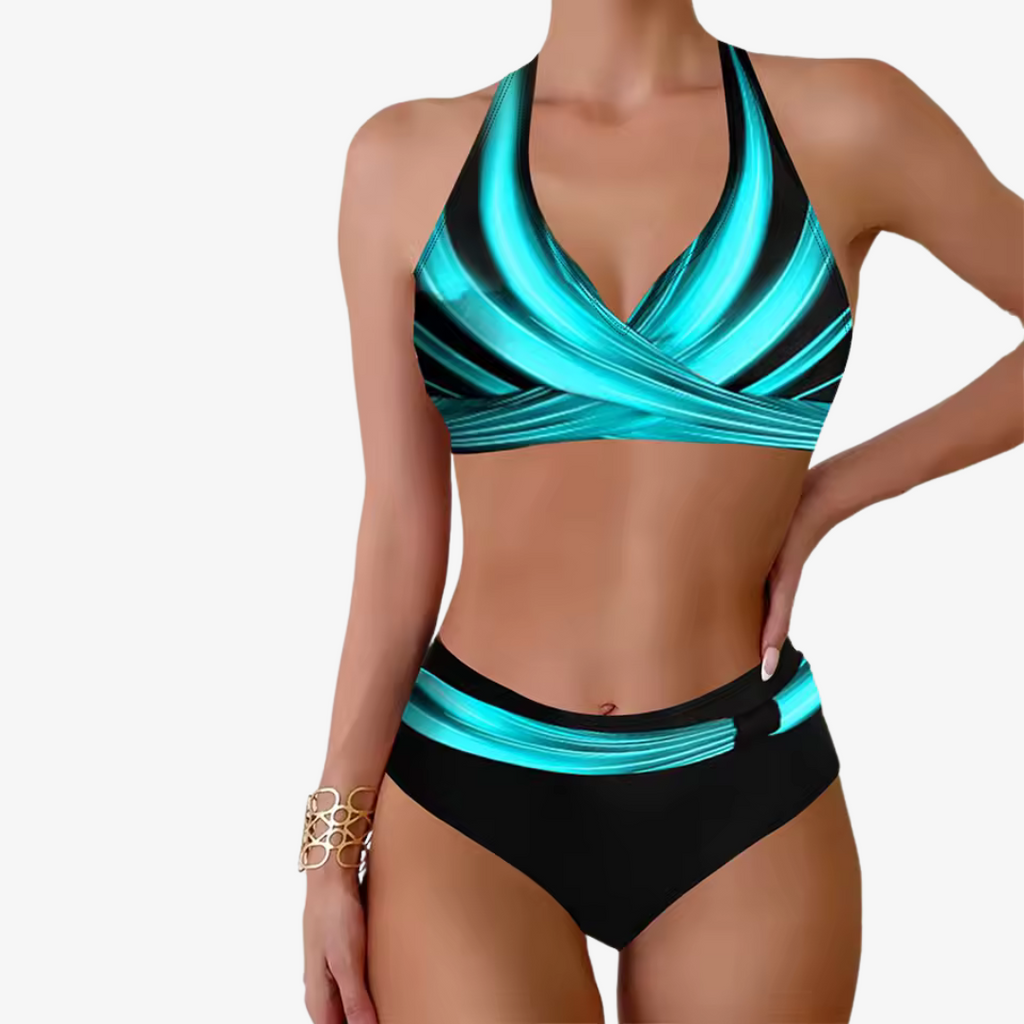 Hoge Taille Bikini Set Dames met Modieuze Print en Draadloos Design voor Comfort en Stijl tijdens Zomeractiviteiten
