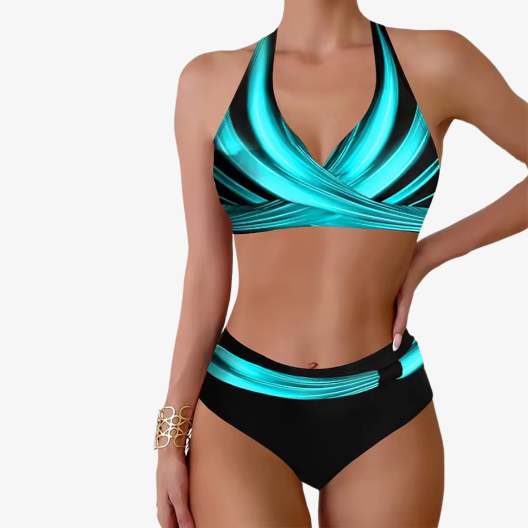 Hoge Taille Bikini Set Dames met Modieuze Print en Draadloos Design voor Comfort en Stijl tijdens Zomeractiviteiten