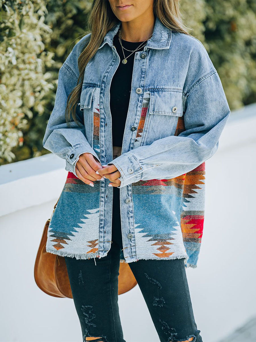 Oversized Spijkerjas Dames met Azteek Woven Panel - Lichtblauw 0
