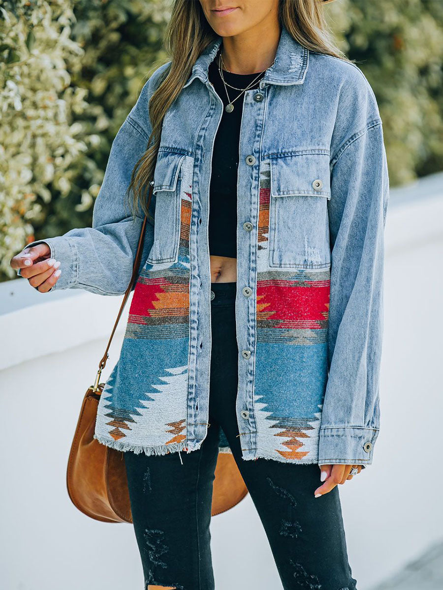 Oversized Spijkerjas Dames met Azteek Woven Panel - Lichtblauw 1