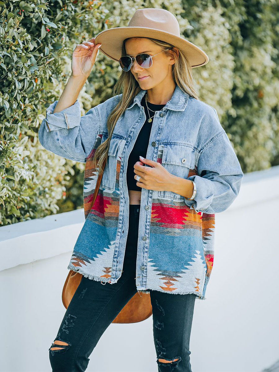 Oversized Spijkerjas Dames met Azteek Woven Panel - Lichtblauw 2