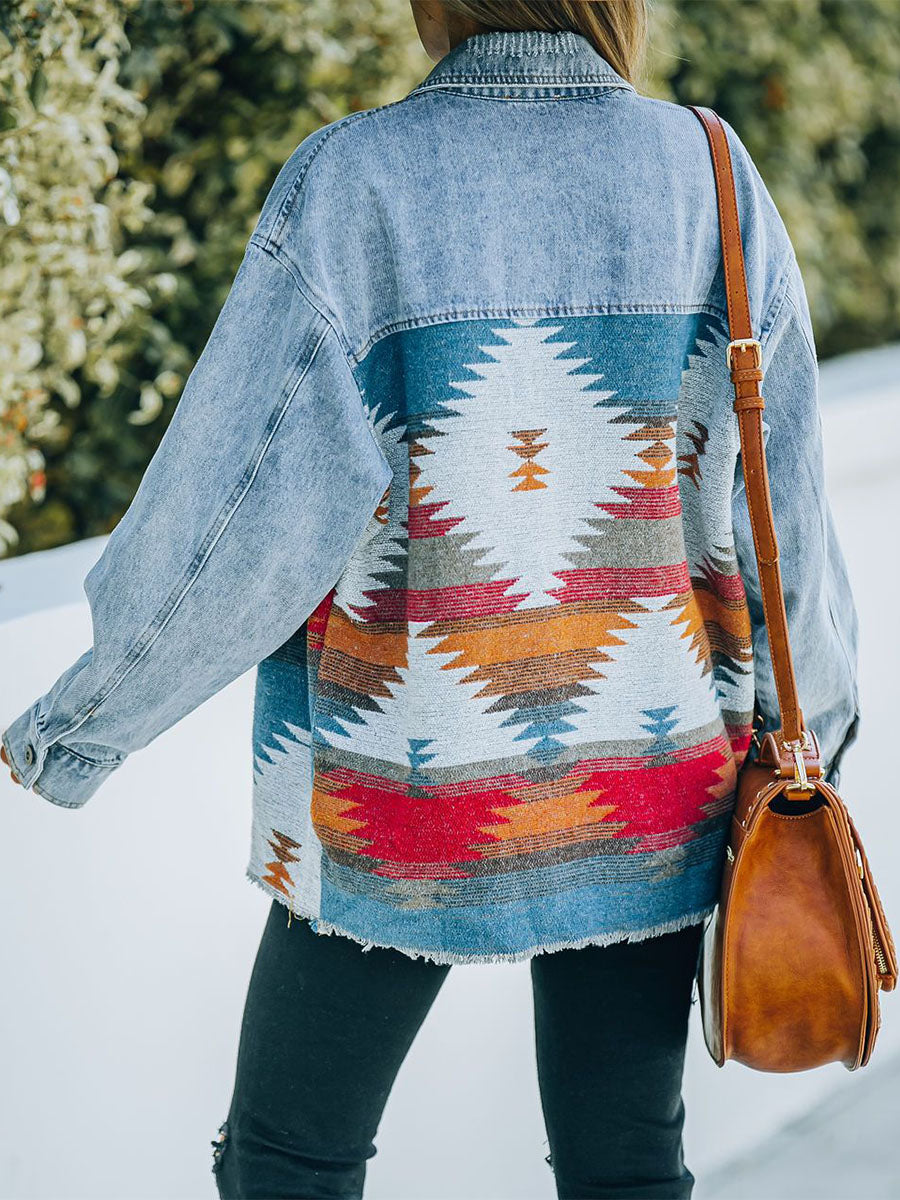 Oversized Spijkerjas Dames met Azteek Woven Panel - Lichtblauw 3