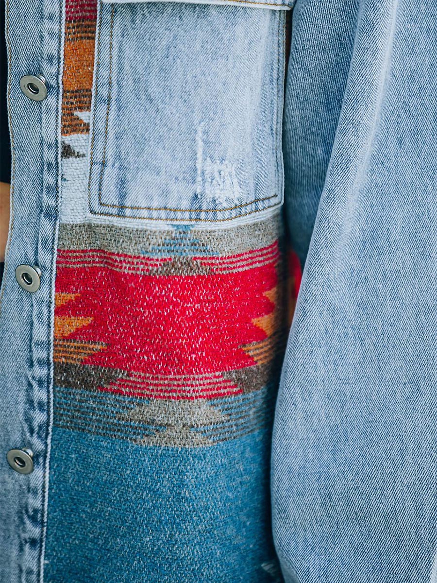 Oversized Spijkerjas Dames met Azteek Woven Panel - Lichtblauw 4
