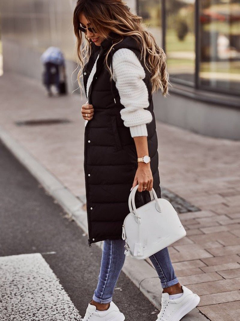 Damesvest Gewatteerde Beige Knielange Met Ritssluiting - Winterjas Dames