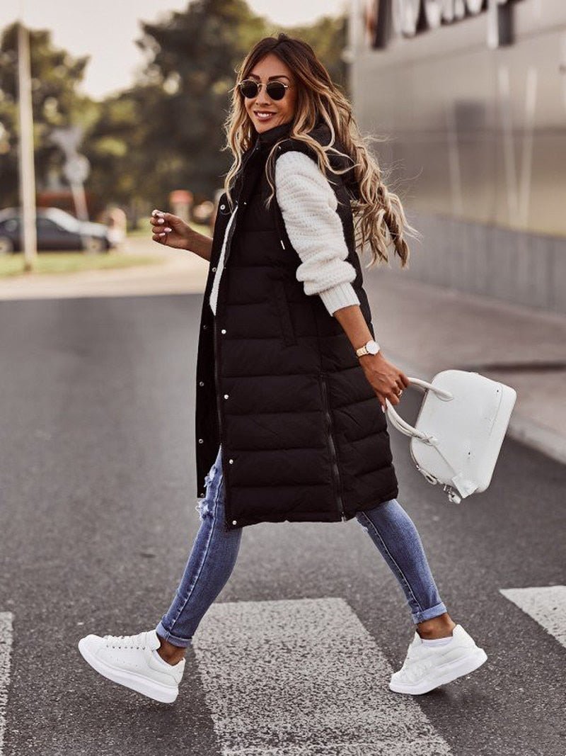 Damesvest Gewatteerde Beige Knielange Met Ritssluiting - Winterjas Dames