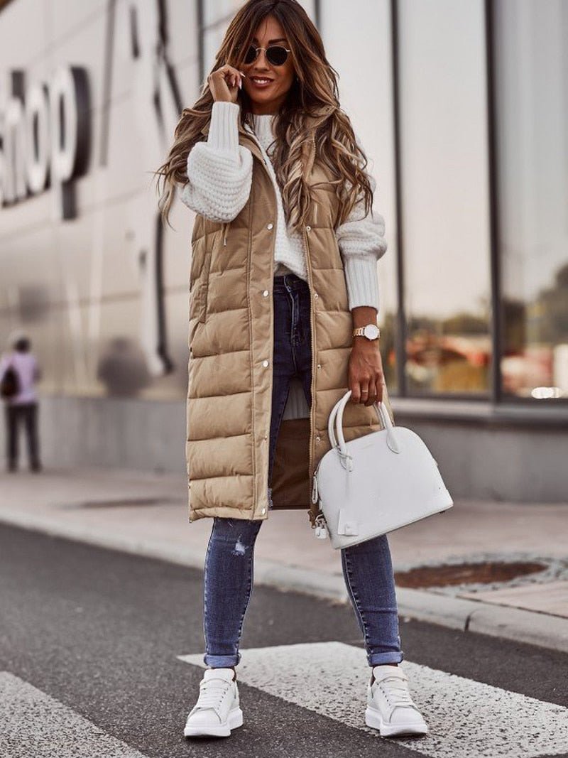 Damesvest Gewatteerde Beige Knielange Met Ritssluiting - Winterjas Dames