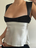 Patchwork satijnen tanktop met rugband 0