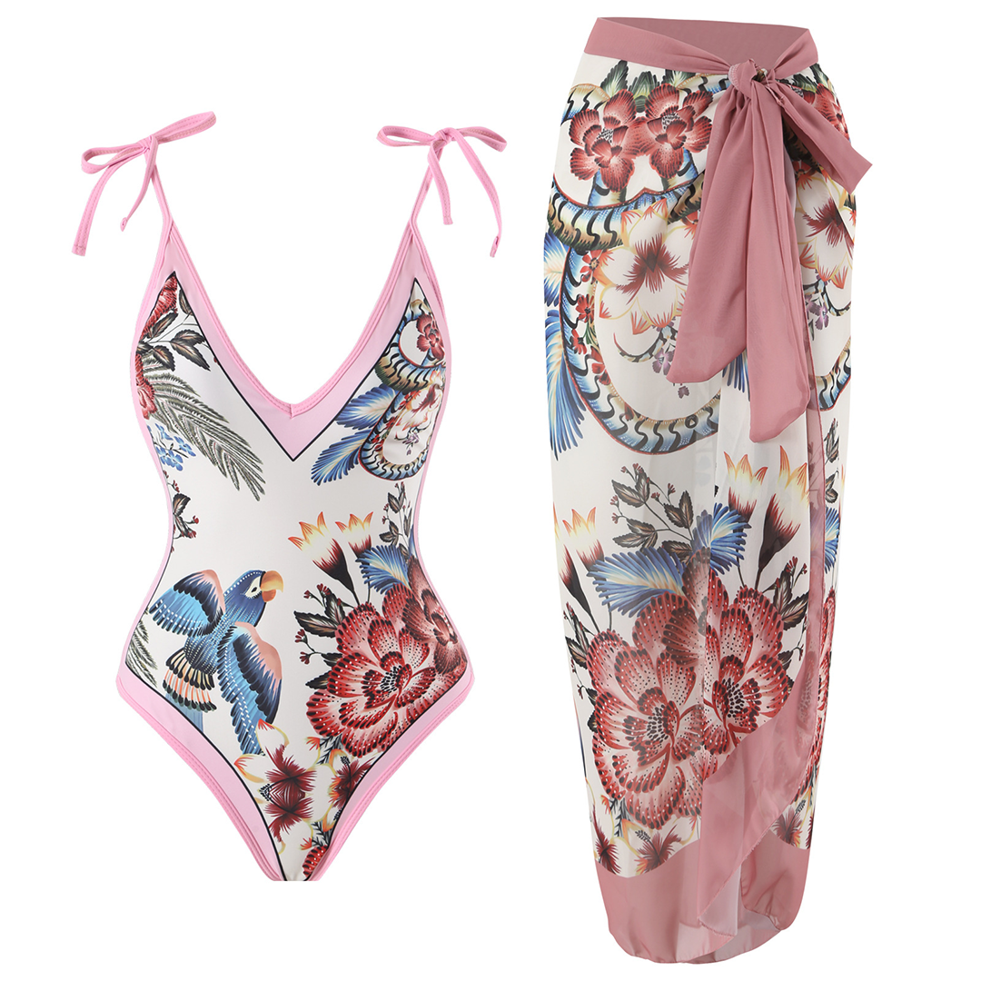WaveGrace Vintage Badpak met Ruffles voor Dames met Diepe V-hals en Unieke Retro Print