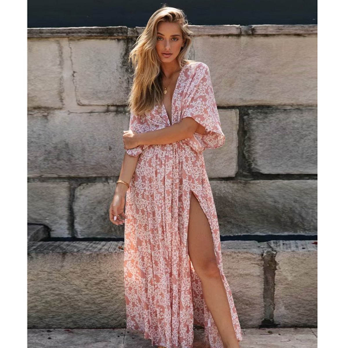 Poederroze Bohemian splitjurk 1