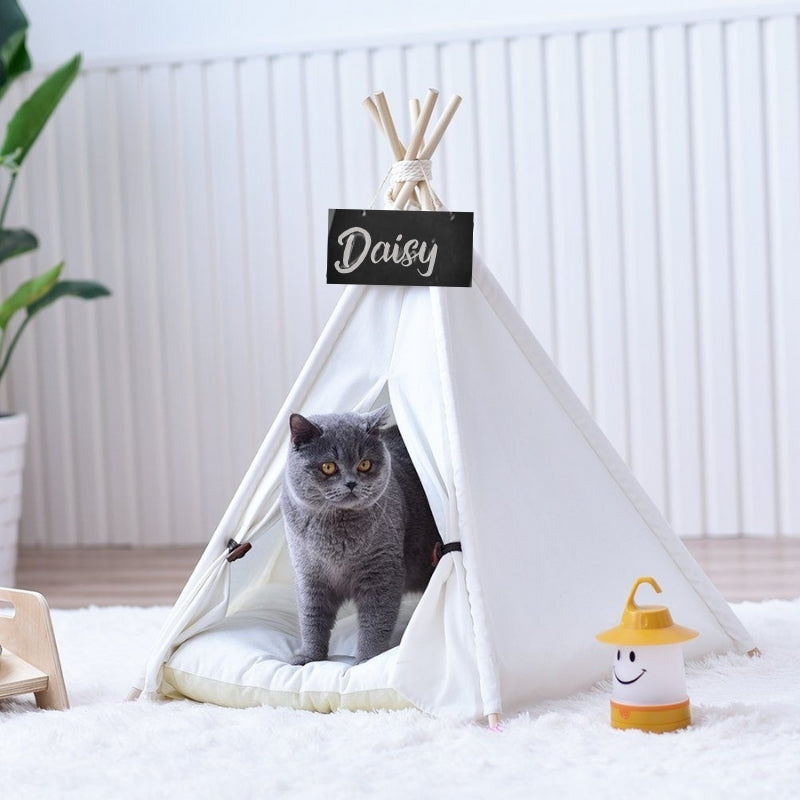 Witte canvas kattentipi met zacht kattenbedkussen