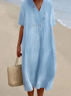 Relaxed Fit-jurk voor dames - V-hals - Korte mouwen - Lichtgewicht, ademend materiaal 0